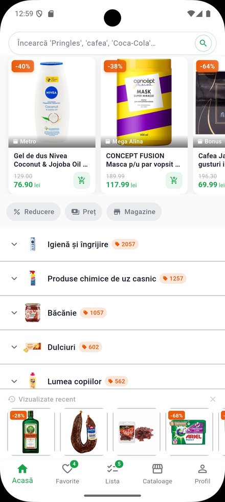 Căutare și răsfoire de promoții în aplicația redu